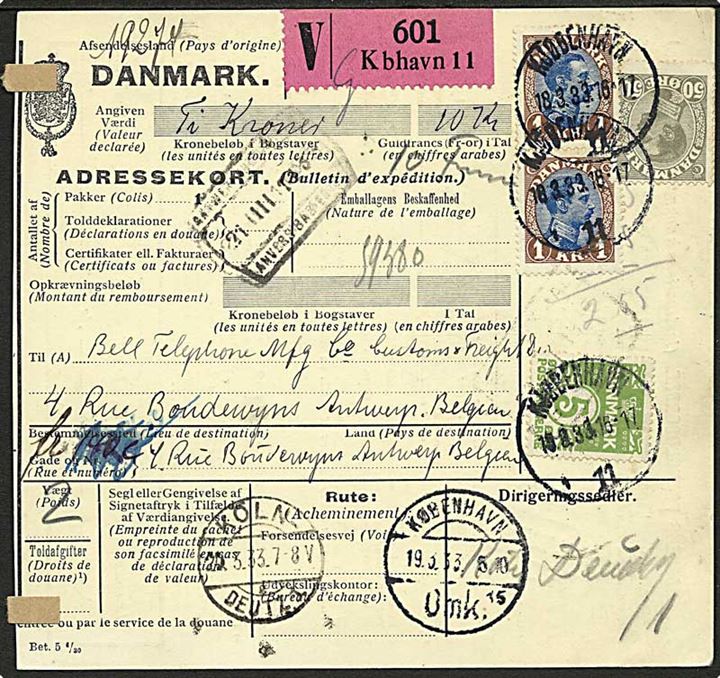 5 øre Bølgelinie, 50 øre og 1 kr. (2) Chr. X på 2,55 kr. frankeret internationalt adressekort for værdipakke fra København d. 18.3.1933 til Antwerpen, Belgien.