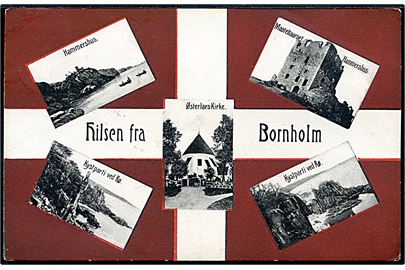 Bornholm, “Hilsen fra” med Dannebrog og prospekter. Fritz Sørensen no. 8933.