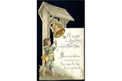 Karton kort med Julehilsen. Dreng ringer med juleklokke. Dateret 1894.