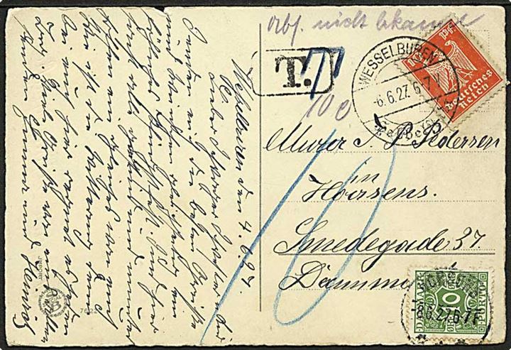 Tysk 10 pfg. på underfrankeret brevkort fra Wesselburen d. 6.6.1927 til Horsens, Danmark. Udtakseret i porto med 10 øre Portomærke stemplet Horsens d. 8.6.1927.