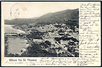 D.V.I., St. Thomas, Hilsen fra med udsigt over byen. U/no.