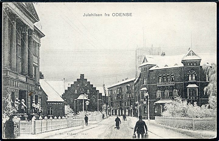 Odense, Julehilsen fra med Jernbanegade i sne. Stenders no. 3840