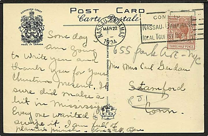 1½d George V single på brevkort fra Nassau d. 22.3.1934 til Stanford, USA.