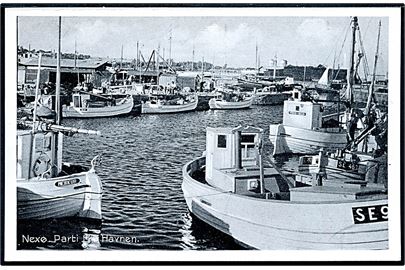 Neksø havn med fiskefartøjer - bl.a. Merkur, Frem og SE 467. Colberg no. 1034.