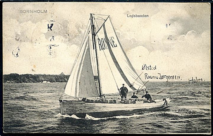 Rønne, Rønne lodsbåd med angivelse af navne på besætning. F. Sørensen no. 4959. Frankeret med 5 øre Chr. IX annulleret med skibsstempel Fra Rønne og sidestemplet Kjøbenhavn d. 12.6.1906 til sømand ombord på S/S Dansborg via rederi i København.