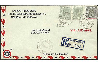 1 sh. og 1d (2) George VI på anbefalet luftpostbrev fra Nassau d. 31.10.1951 til Södertälje, Sverige.