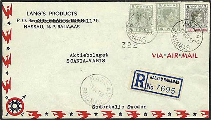 1 sh. og 1d (2) George VI på anbefalet luftpostbrev fra Nassau d. 31.10.1951 til Södertälje, Sverige.