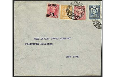 Blandingsfrankeret brev med 4 c. Colombia, 5 c. og 20 c. SCADTA luftpost udg. og 20/2 c. Canal Zone luftpost udg. stemplet Bogota d. 19.7.1930 til New York, USA.