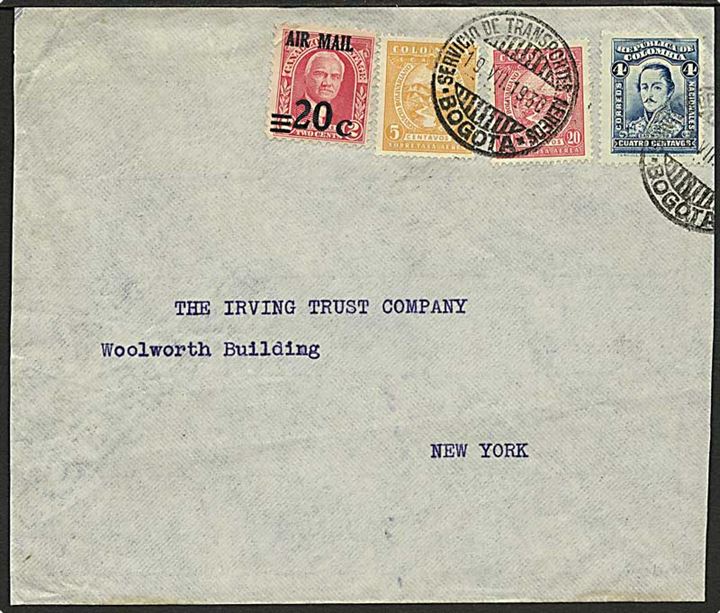 Blandingsfrankeret brev med 4 c. Colombia, 5 c. og 20 c. SCADTA luftpost udg. og 20/2 c. Canal Zone luftpost udg. stemplet Bogota d. 19.7.1930 til New York, USA.