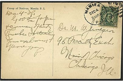 Amerikansk post på Filippinerne 2 c. single på brevkort fra Manila d. 4.12.1903 til Chicago, USA.