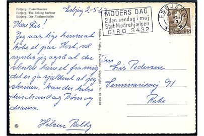 25 øre Fr. IX på brevkort (Esbjerg havn med fiskefartøjer) annulleret med TMS Moders Dag 2den søndag i maj Støt Mødrehjælpen GIRO 3432/Esbjerg *** d. 2.5.1963 til Ribe.