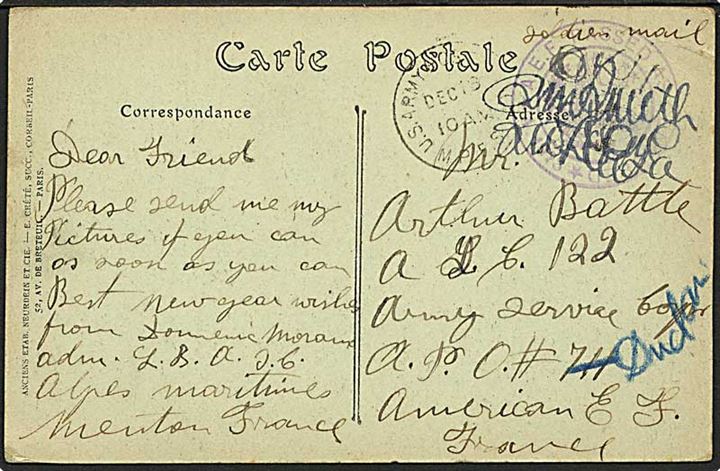 Ufrankeret feltpostbrev fra Menton 1917 til Amerikansk soldat i Frankrig Omadresseret med feltpoststempel og censur.