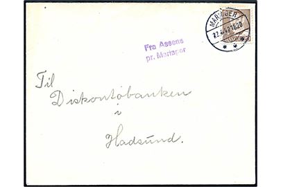20 øre Fr. IX på brev annulleret Mariager d. 22.10.1952 og sidestemplet Assens pr. Mariager til Hadsund.