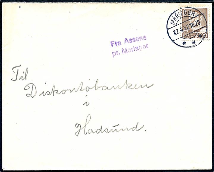 20 øre Fr. IX på brev annulleret Mariager d. 22.10.1952 og sidestemplet Assens pr. Mariager til Hadsund.