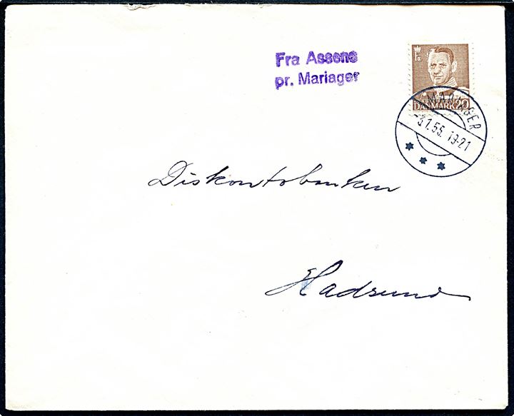 20 øre Fr. IX på brev annulleret Mariager d. 3.1.1955 og sidestemplet Assens pr. Mariager til Hadsund.