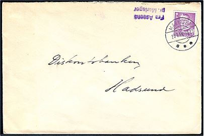 25 øre Fr. IX på brev annulleret Mariager d. 23.1.1956 og sidestemplet Assens pr. Mariager til Hadsund.