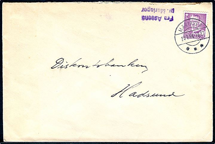 25 øre Fr. IX på brev annulleret Mariager d. 23.1.1956 og sidestemplet Assens pr. Mariager til Hadsund.