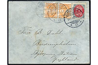 1 øre Våben  parstykke og 8 øre Tofarvet på brev fra Kjøbenhavn d. 24.11.1902 til Skørping.
