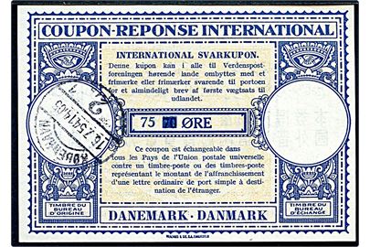 75/70 øre provisorisk International Svarkupon stemplet København 2 d. 16.7.1954.