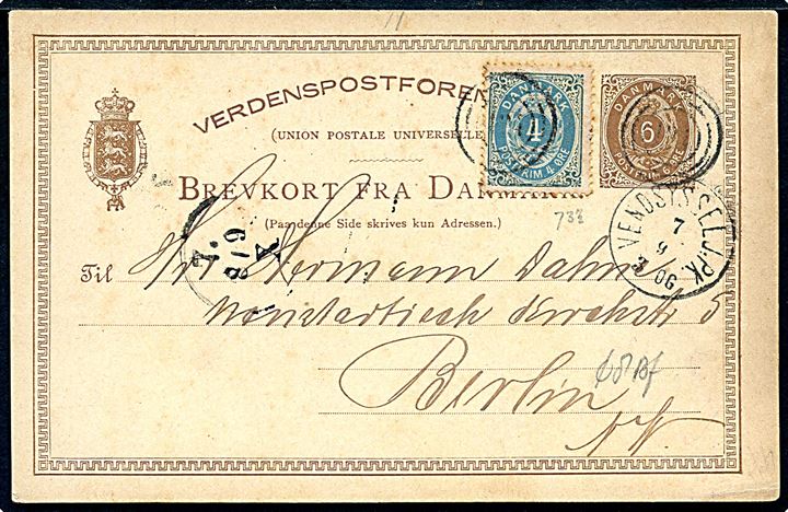 6 øre helsagsbrevkort opfrankeret med 4 øre Tofarvet fra Frederikshavn annulleret med nr.stempel 124 og sidestemplet lapidar Vendsyssel. J:PK. d. 7.9.1883 til Berlin, Tyskland.