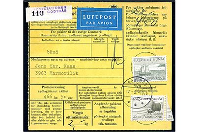 1,50 kr. Postbefordring og 25 kr. Moskusokse på Postopkrævnings-adressekort for luftpostpakke fra Godthåb d. 17.5.1976 til Marmorilik.