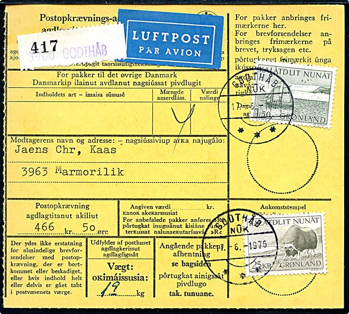 1,50 kr. Postbefordring og 25 kr. Moskusokse på Postopkrævnings-adressekort for luftpostpakke fra Godthåb d. 17.6.1976 til Marmorilik.
