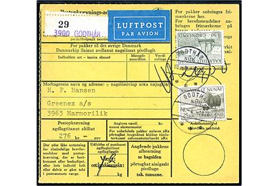 1,50 kr. Postbefordring og 25 kr. Moskusokse på Postopkrævnings-adressekort for luftpostpakke fra Godthåb d. 10.6.1976 til Marmorilik.
