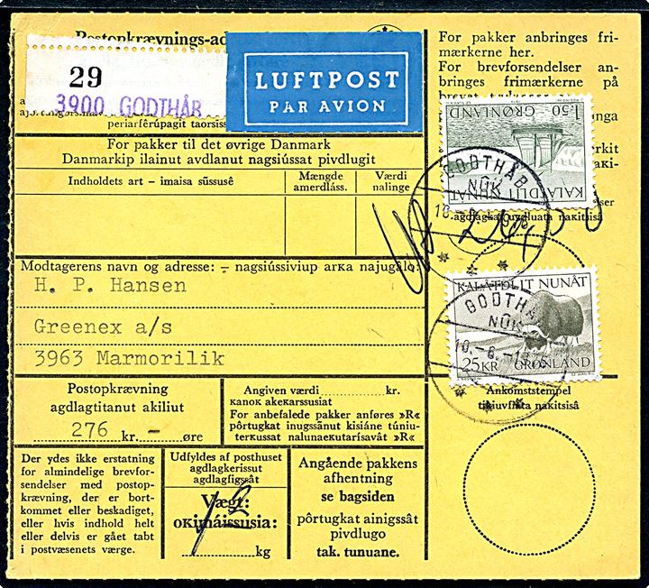 1,50 kr. Postbefordring og 25 kr. Moskusokse på Postopkrævnings-adressekort for luftpostpakke fra Godthåb d. 10.6.1976 til Marmorilik.