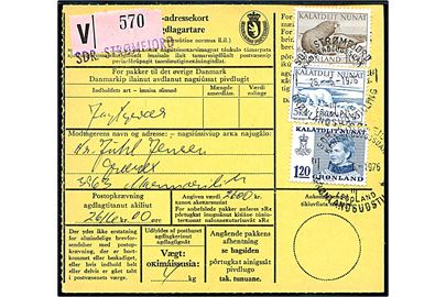 1,20 kr. Margrethe, 5 kr. Isbjørn og 10 kr. Hvalrosser på Postopkrævnings-adressekort for værdipakke fra Sdr. Strømfjord d. 26.5.1976 til Marmorilik.