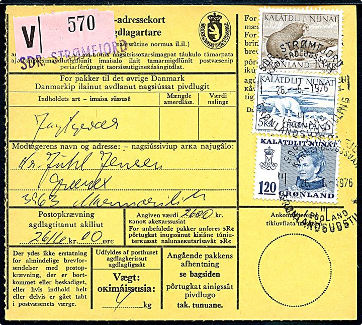 1,20 kr. Margrethe, 5 kr. Isbjørn og 10 kr. Hvalrosser på Postopkrævnings-adressekort for værdipakke fra Sdr. Strømfjord d. 26.5.1976 til Marmorilik.