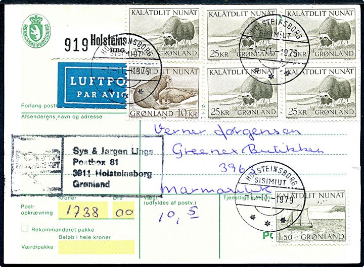 1,50 kr. Postbefordring, 10 kr. Hvalrosser og 25 kr. Moskusokse (5) på 136,50 kr. frankeret adressekort for luftpostpakke med postopkrævning fra Holsteinsborg d. 1.11.1979 til Marmorilik.