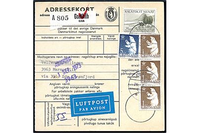 1 kr. (3), 5 kr. Isbjørn og 25 kr. Moskusokse på 33 kr. frankeret adressekort for luftpostpakke fra Godthåb d. 28.8.1973 via Sdr. Strømfjord til Marmorlik. 