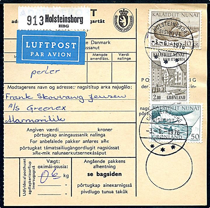 50 øre Postbefordring, 2,50 kr. KGH og 10 kr. Hvalrosser på adressekort for luftpostpakke fra Holsteinsborg d. 3.6.1976 til Marmorilik.