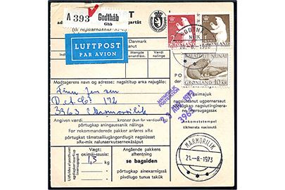 1 kr., 2 kr. Isbjørn og 10 kr. Hvalrosser på adressekort for luftpostpakke fra Godthåb d. 20.8.1973 til Marmorilik.