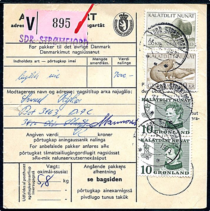 10 øre Margrethe (2), 10 kr. Hvalrosser og 25 kr. Moskusokse på adressekort for værdipakke fra Sdr. Strømfjord d. 11.9.1973 til Marmorilik.