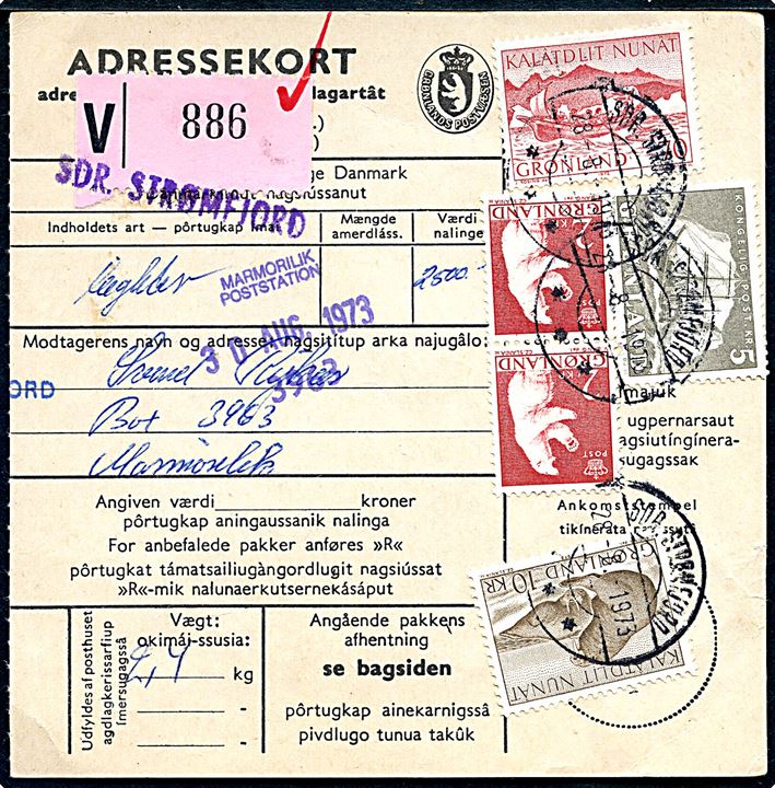 70 øre Postbefordring, 2 kr. Isbjørn (par), 5 kr. Ishavsskib og 10 kr. Hvalrosser på 19,70 kr. frankeret adressekort for værdipakke fra Sdr. Strømfjord d. 28.8.1973 til Marmorilik.
