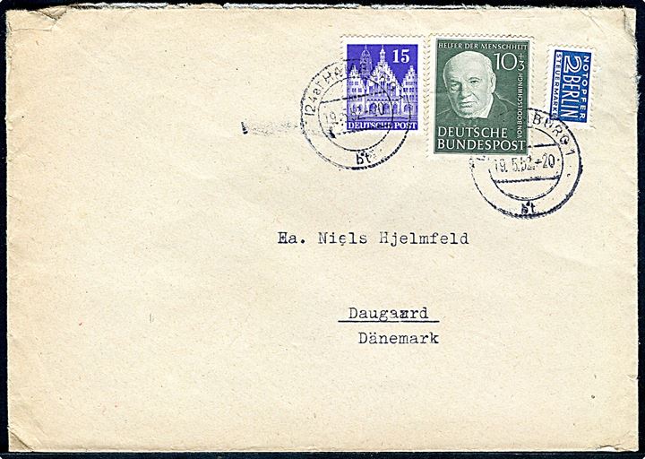 10+3 pfg. Bodelschwingh, 15 pfg. Bygnong og 2 pfg. Berlin Notopfer på brev fra Hamburg d. 19.5.1952 til Daugård, Danmark. 