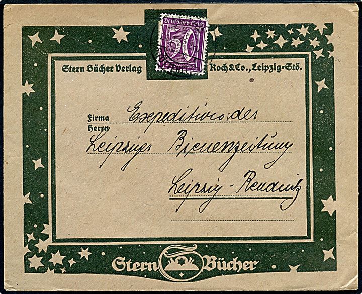 50 pfg. Infla udg. single på illustreret firmakuvert sendt som lokal tryksag i Leipzig d. 24.2.1922.
