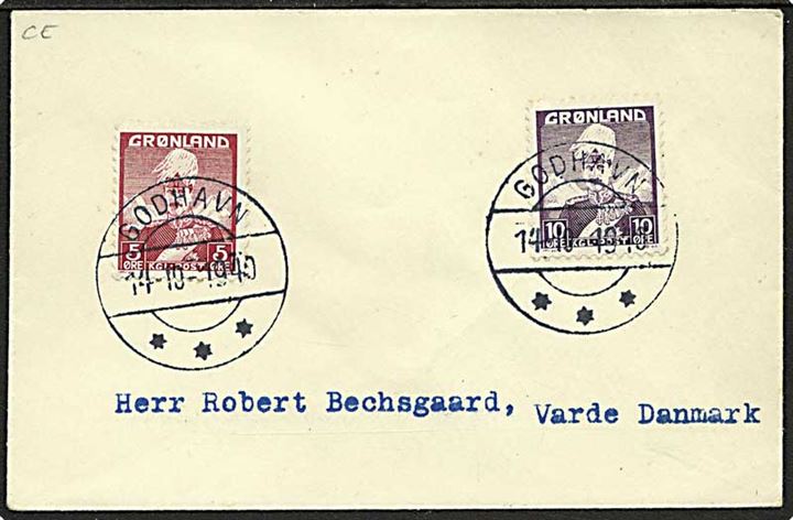 5 øre og 10 øre Chr. X på lille kuvert fra Godhavn d. 14.10.1940 til Varde, Danmark. På bagsiden stemplet Released by Prize Court.