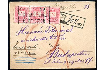 Ufrankeret anbefalet brev påsat 5 kr. i 3-stribe og annulleret med rammestempel M. Kir. Postaigazgatosag Budapesten til adresse i Budapest. På bagsiden stemplet d. 20.2.1885. Mystisk brev.