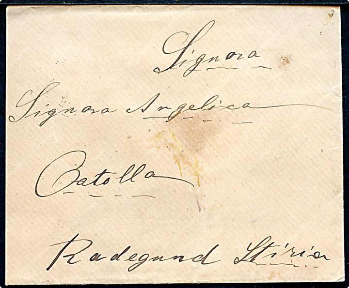 5 kr. Franz Joseph på bagsiden af brev annulleret med 2-sproget stempel i Triest d. 17.7.1882 via Graz til Radegund i Stiermarken.
