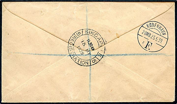 1 c. (3), 4 c. (2), 12 c (2) og 25 c. George VI på 50 c. frankeret anbefalet luftpostbrev fra Singapore d. 15.5.1939 til København, Danmark.