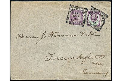 1d og 1½d Victoria med perfin C.S. & Co. på kuvert fra firma Charles Semon & Co. annulleret Bradford Yorks. d. 1.9.1892 til Frankfurt, Tyskland. Lodret fold.