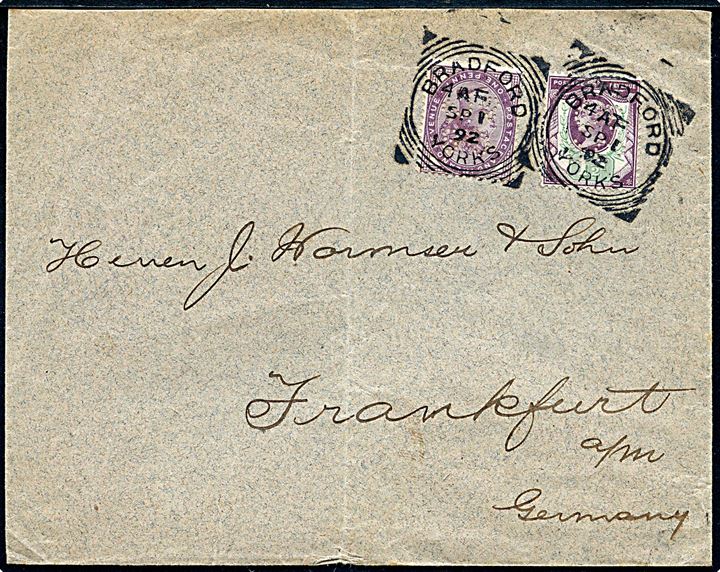 1d og 1½d Victoria med perfin C.S. & Co. på kuvert fra firma Charles Semon & Co. annulleret Bradford Yorks. d. 1.9.1892 til Frankfurt, Tyskland. Lodret fold.