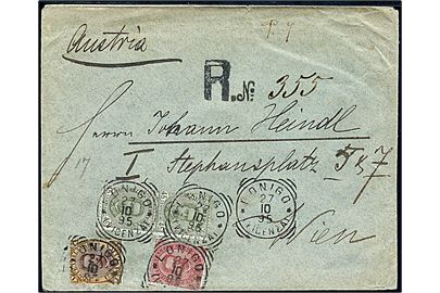 10 c., 45 c. (par) og 1 l. Umberto I på 2 lire frankeret anbefalet brev fra Lonigo d. 27.10.1895 til Wien, Østrig.