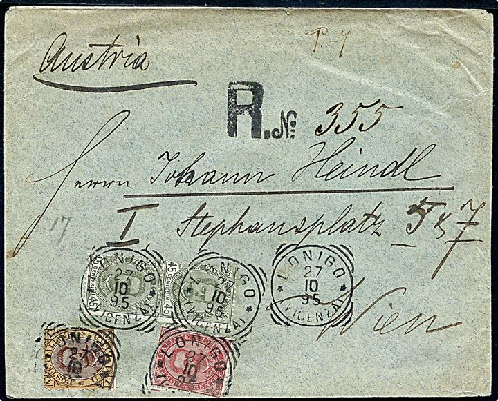 10 c., 45 c. (par) og 1 l. Umberto I på 2 lire frankeret anbefalet brev fra Lonigo d. 27.10.1895 til Wien, Østrig.