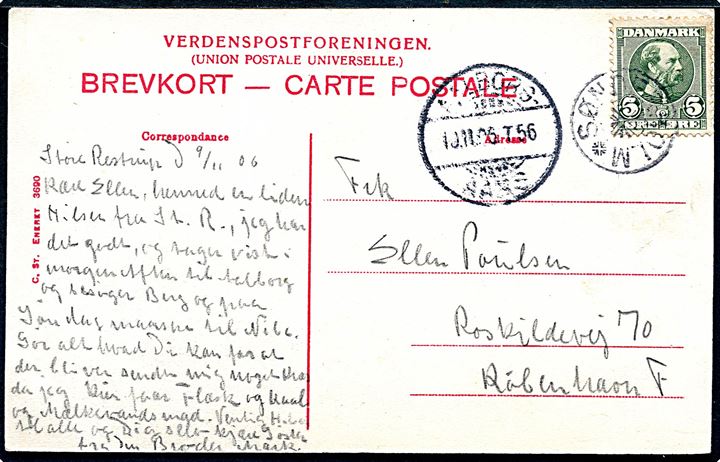 5 øre Chr. IX på brevkort (Store Restrup) dateret Store Restrup og annulleret med stjernestempel SØNDERHOLM og sidestemplet bureau Aalborg - Aars T.56 d. 10.11.1906 til København.