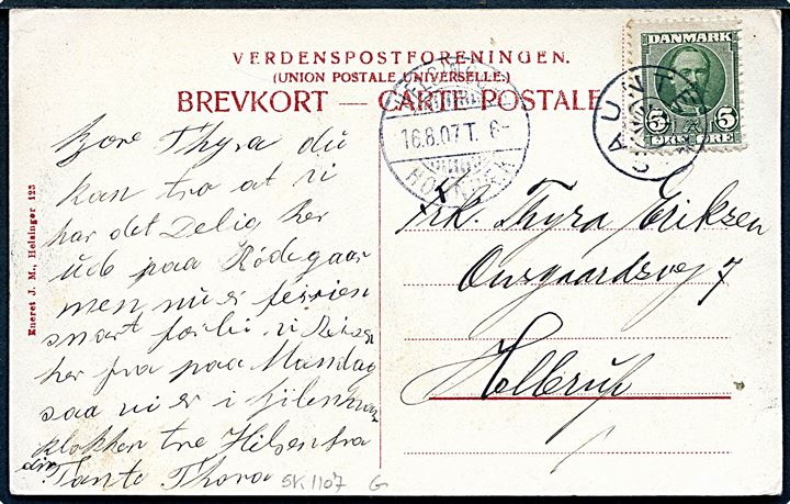 5 øre Fr. VIII på brevkort (Ellekilde) annulleret med stjernestempel SAUNTE og sidestemplet bureau Helsingør - Hornbæk T.6 d. 16.8.1907 til Hellerup.
