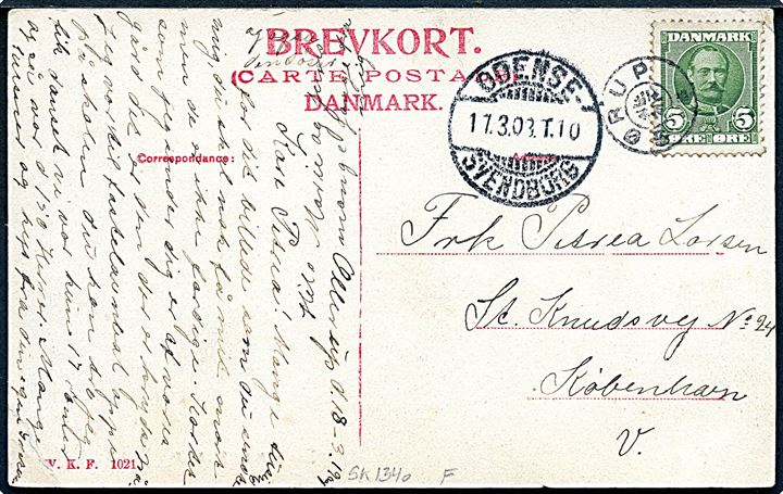 5 øre Fr. VIII på brevkort (Ollerup, nye og gamle højskole) fra Ollerup annulleret med stjernestempel SØRUP og sidestemplet bureau Odense - Svendborg T.10 d. 17.3.1908 til København.