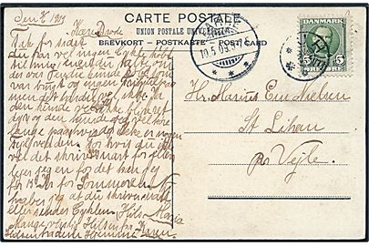 5 øre Fr. VIII på brevkort annulleret med UHE og sidestemplet Farre d. 10.5.1909 til Vejle.